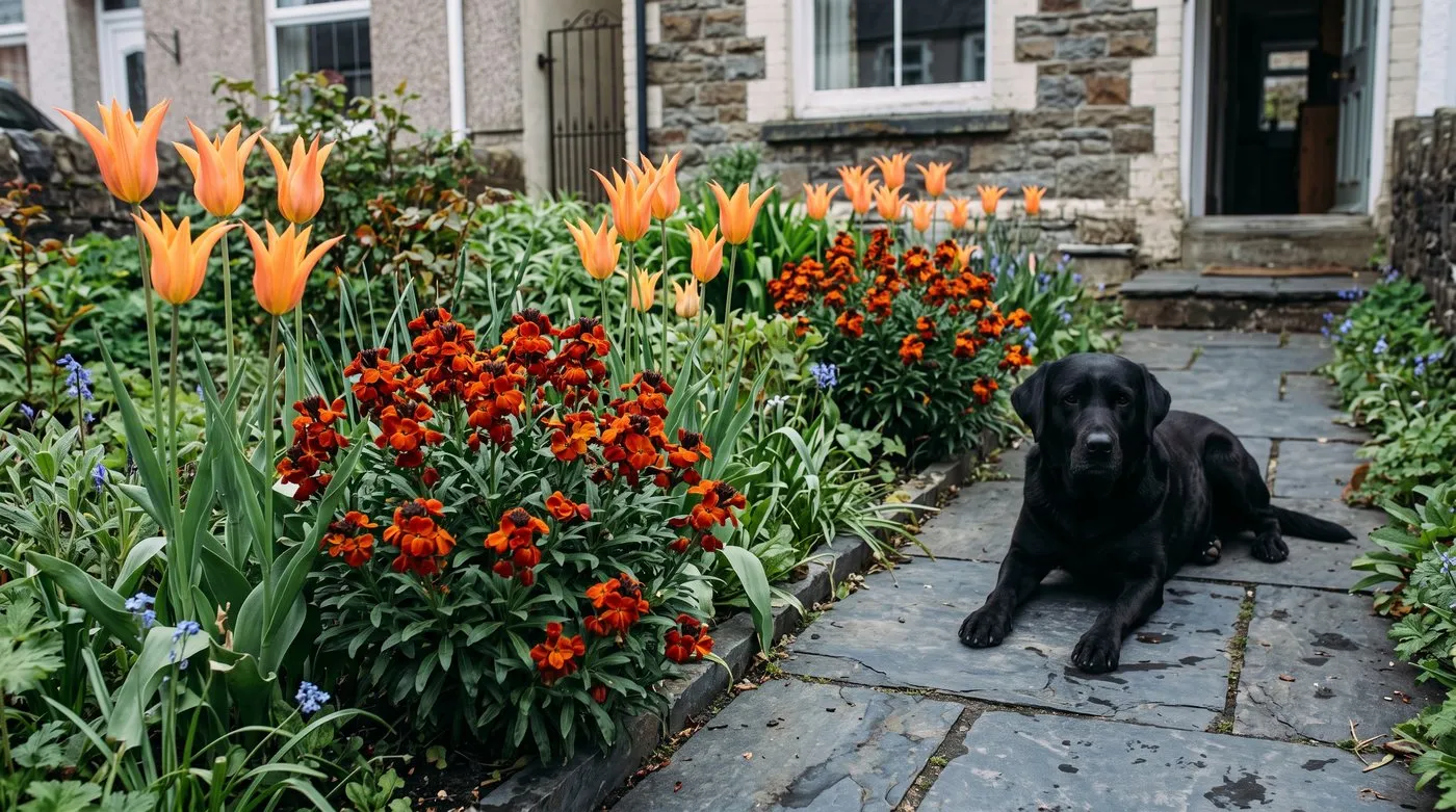 Orange Ballerina tulips above orange-red wallflowers in a spring border, with a black Labrador on the path