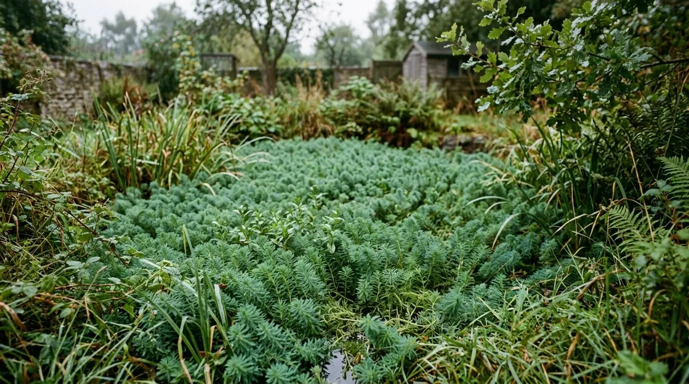 Invasive parrot's feather smothering the surface of a garden pond, an example of a banned oxygenator UK gardeners must avoid