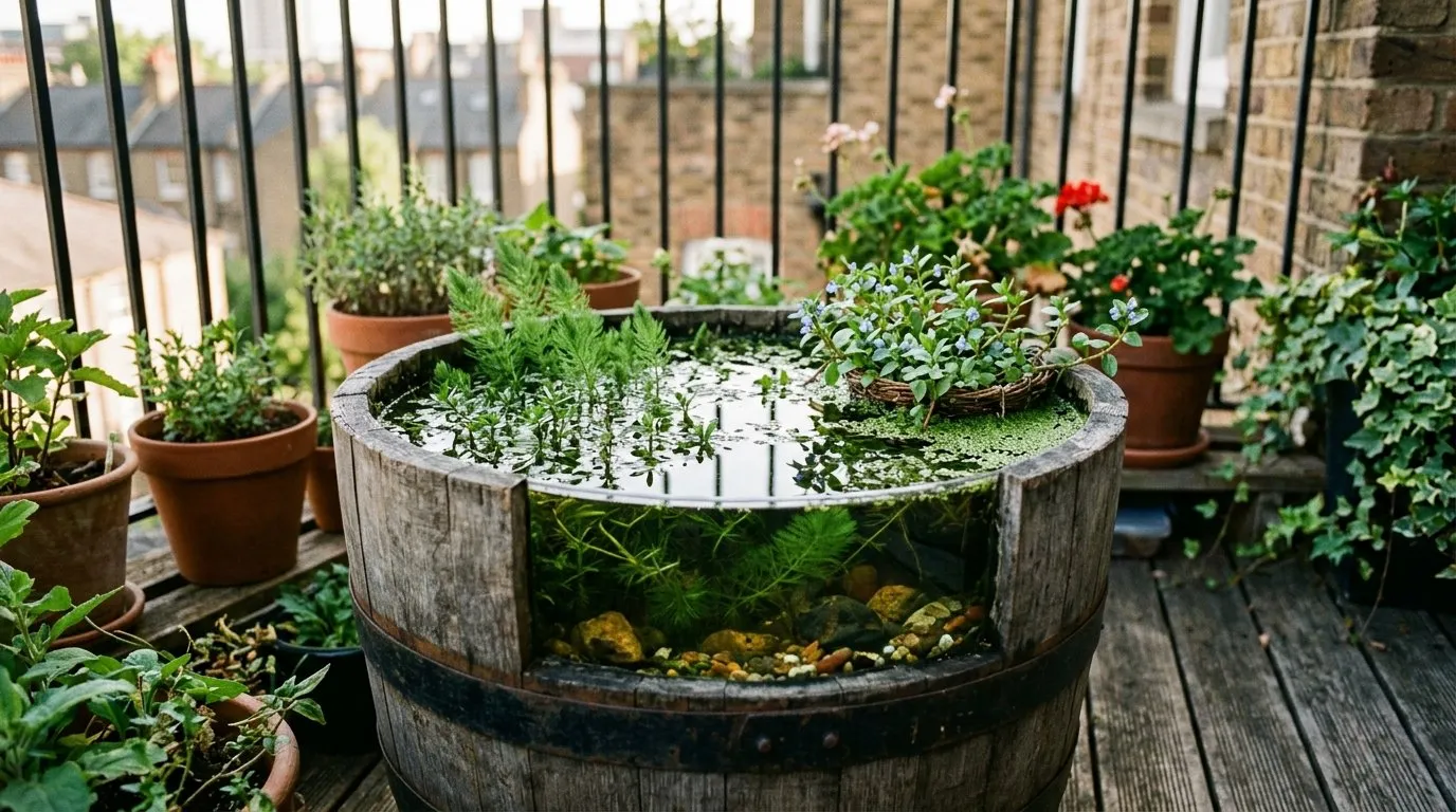 Small container pond in a half-barrel on a city flat balcony planted with hornwort and water starwort in summer