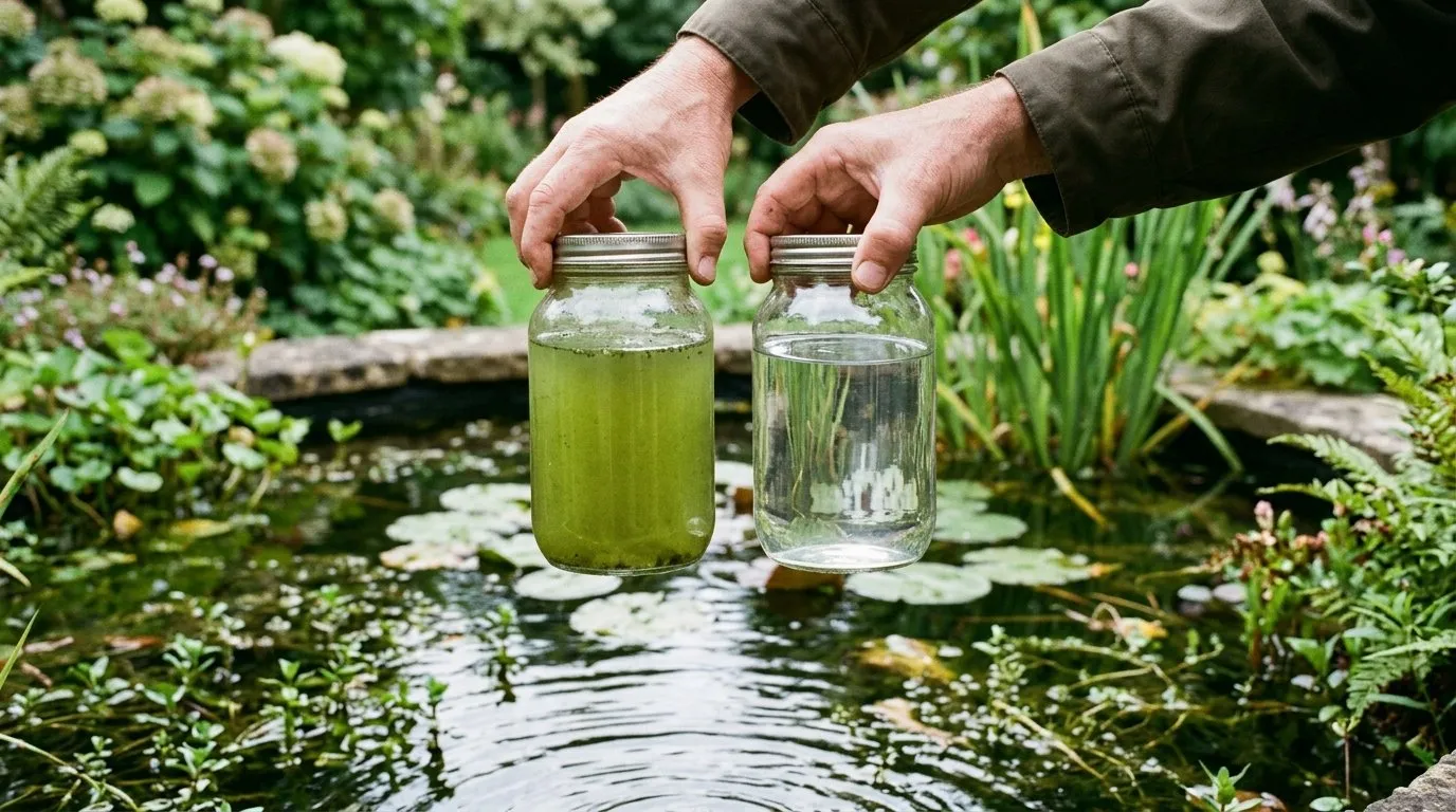 Split comparison of a green murky pond water sample beside a clear water sample from the same UK pond after oxygenating plants established