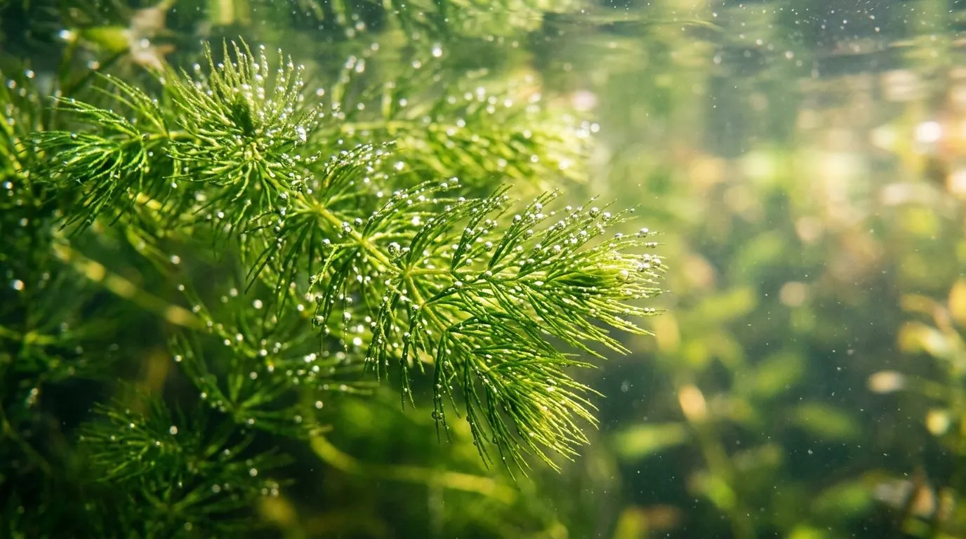 Close-up of green hornwort strands growing underwater in the clear water of a UK garden pond