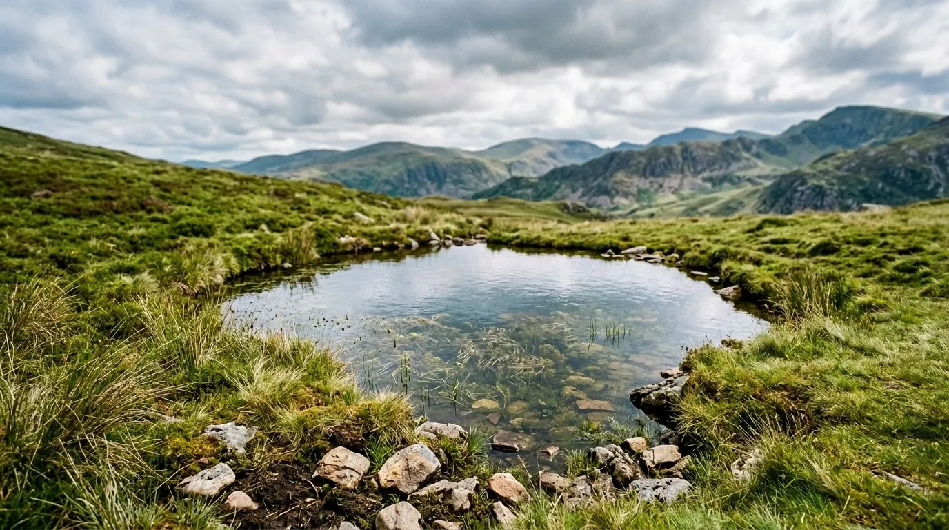 Natural upland pond on a Welsh hillside with clear water and native submerged plants under open sky