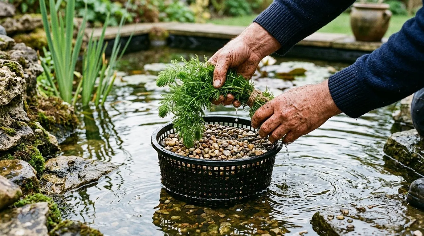Close-up of a gardener's hands lowering a weighted bunch of green oxygenating pond plants into a mesh planting basket at the edge of a UK garden pond