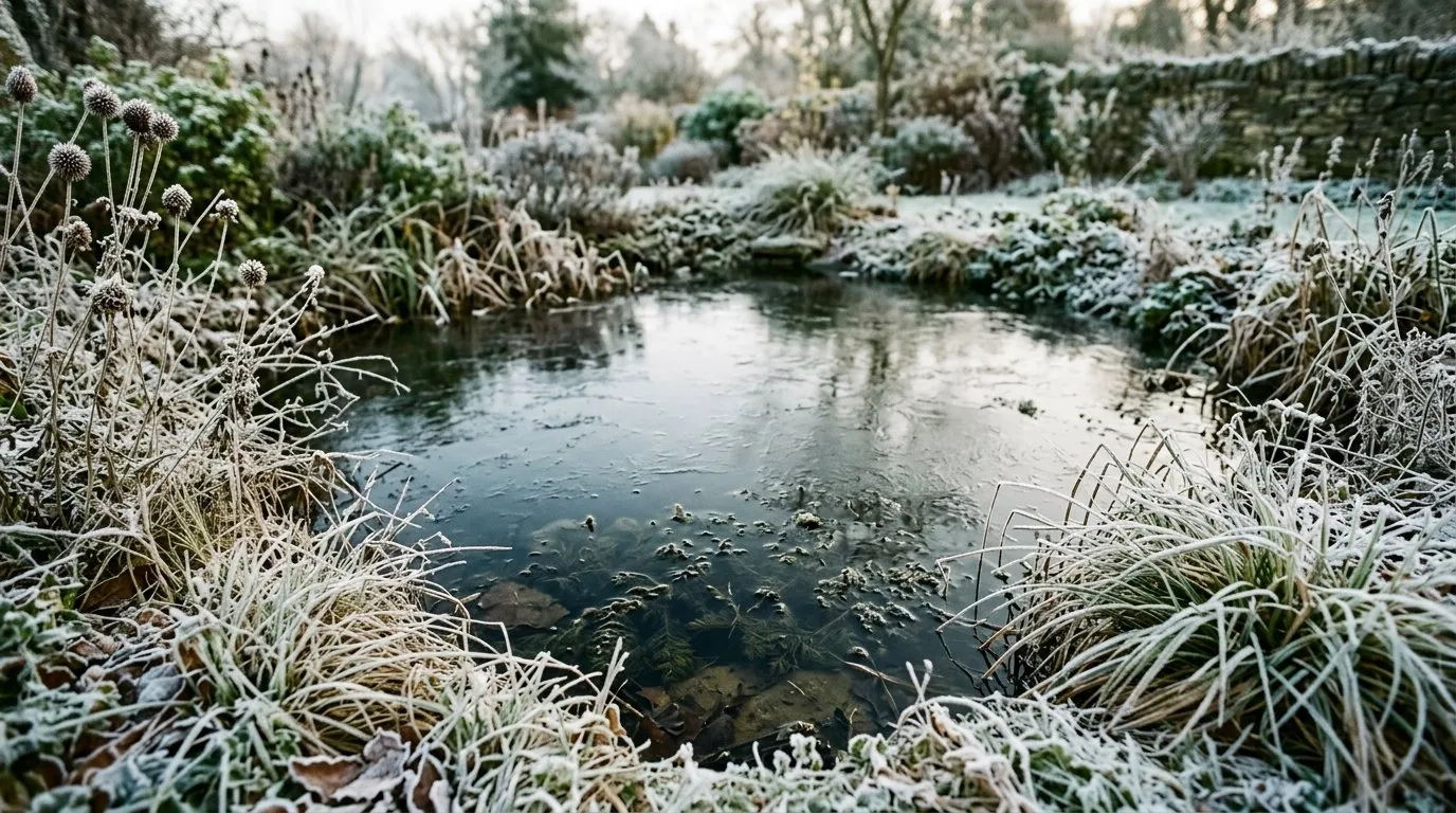 Frosted UK garden pond in winter with hornwort resting on the pond floor beneath a thin layer of ice