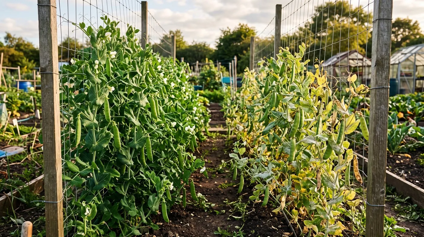 Healthy late pea row beside a mildew-affected older row in a British allotment garden