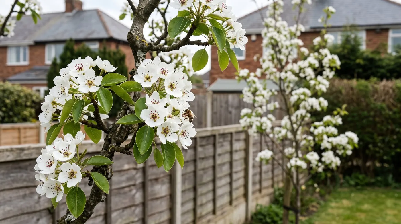 White pear blossom with dark red anthers and a bee, with a second pear tree flowering behind