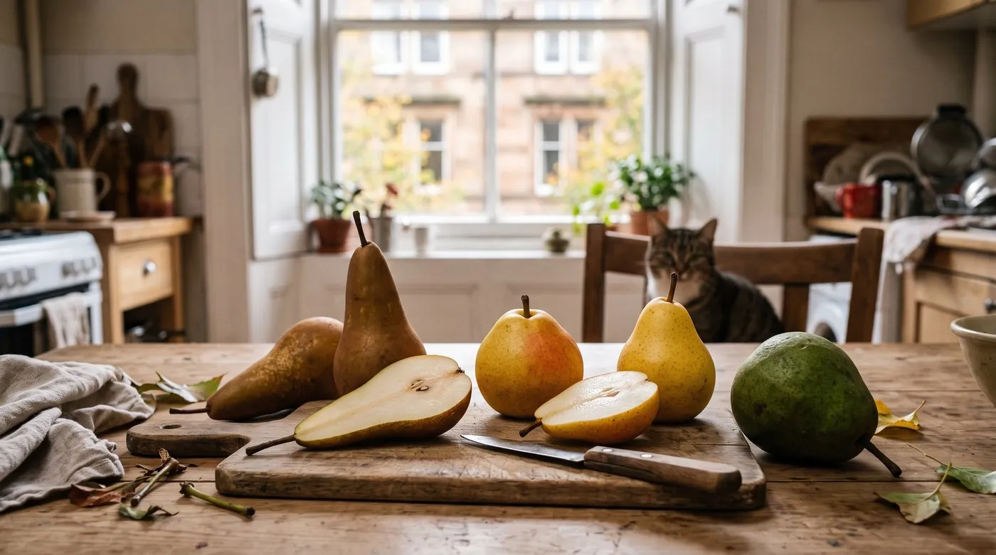 Conference, Comice, Williams and a cooking pear on a kitchen table, two cut open to show the flesh