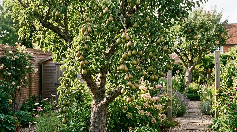 Best UK pear trees varieties heavy with fruit in domestic garden in autumn