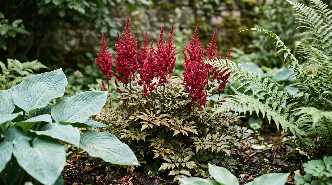 Crimson astilbe perennial plumes flowering in damp shade beside hostas and ferns in July