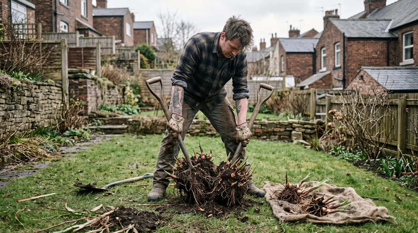 Gardener splitting a big perennial clump with two garden forks back to back to divide it in spring