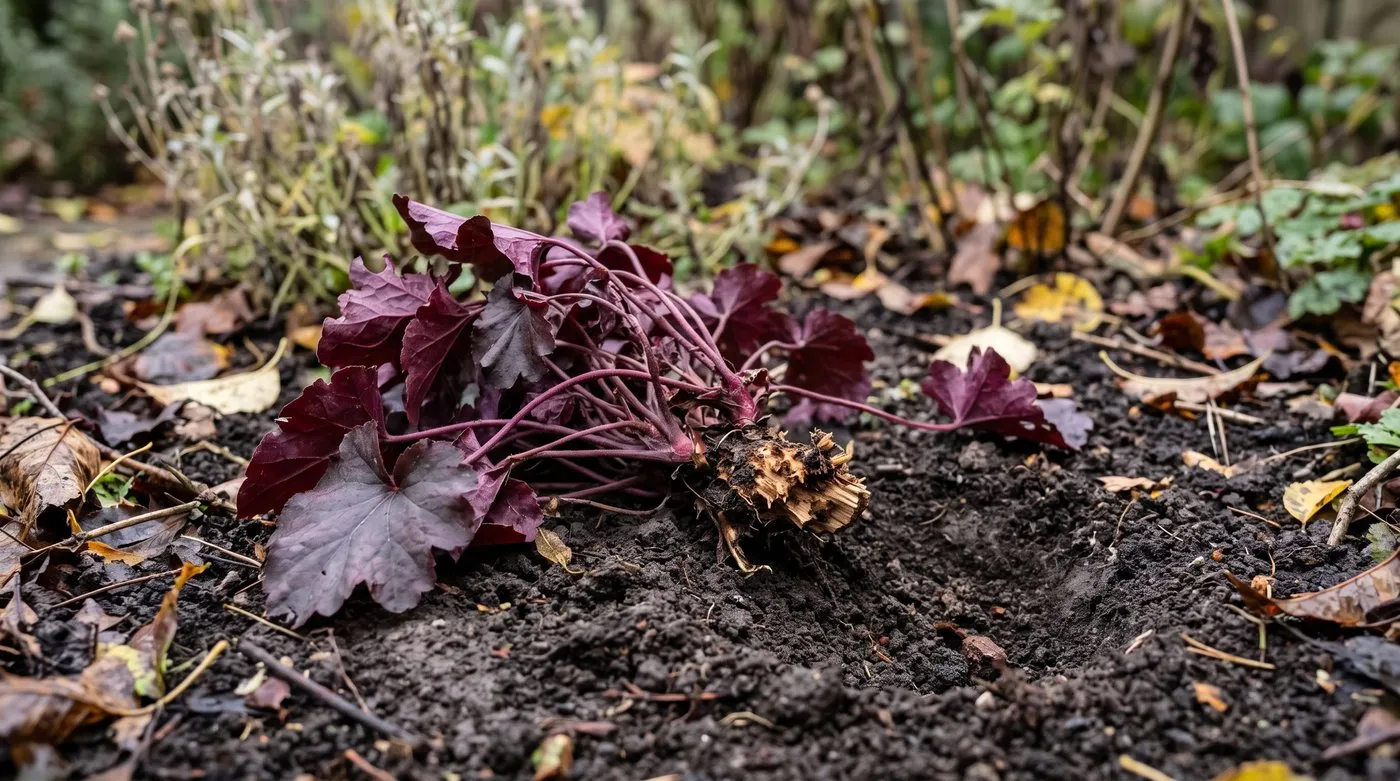 Heuchera lifted from the soil with its roots eaten away and notched leaves, a sign of vine weevil damage
