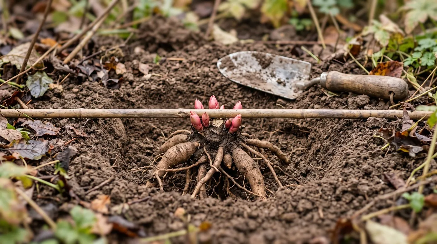 Peony crown planted with its pink buds just below the soil surface, the right depth for a perennial peony