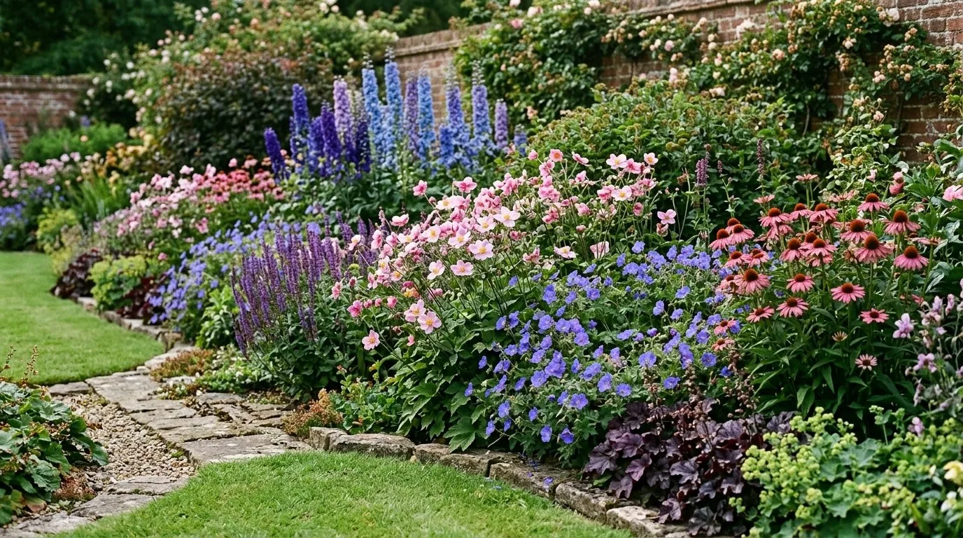 Best perennial plants UK garden showing a colourful mixed herbaceous border with geraniums, salvias, and Japanese anemones in a cottage garden setting