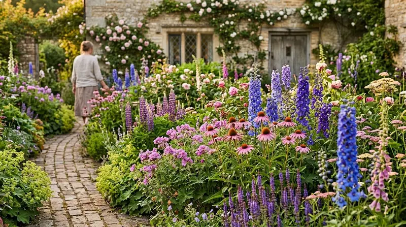 Best perennial plants for UK gardens in a colourful herbaceous border with geraniums, delphiniums, and salvias