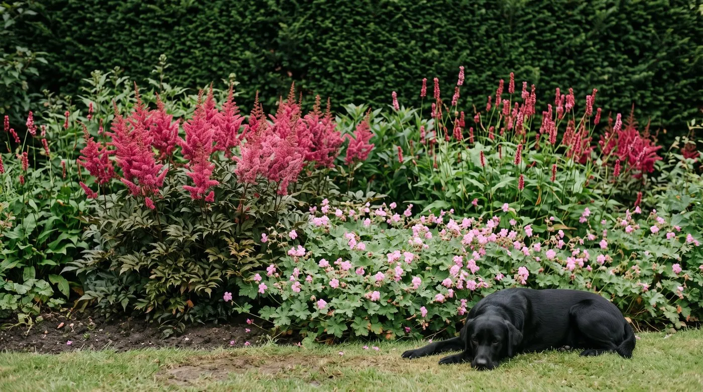 Pink astilbe, persicaria and hardy geranium in a part-shaded clay border, with a black Labrador on the lawn