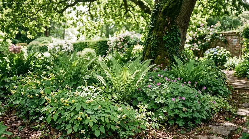 A lush UK dry-shade border under a mature tree planted with epimedium, male ferns and hardy geraniums covering the dry ground