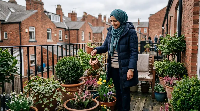 Best plants for pots year-round displayed on a UK city balcony with evergreen box balls, trailing ivy, winter heathers