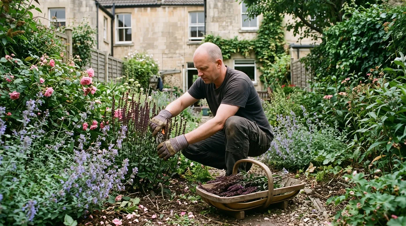Gardener cutting back faded Salvia Caradonna spikes in July so the purple flowers come again
