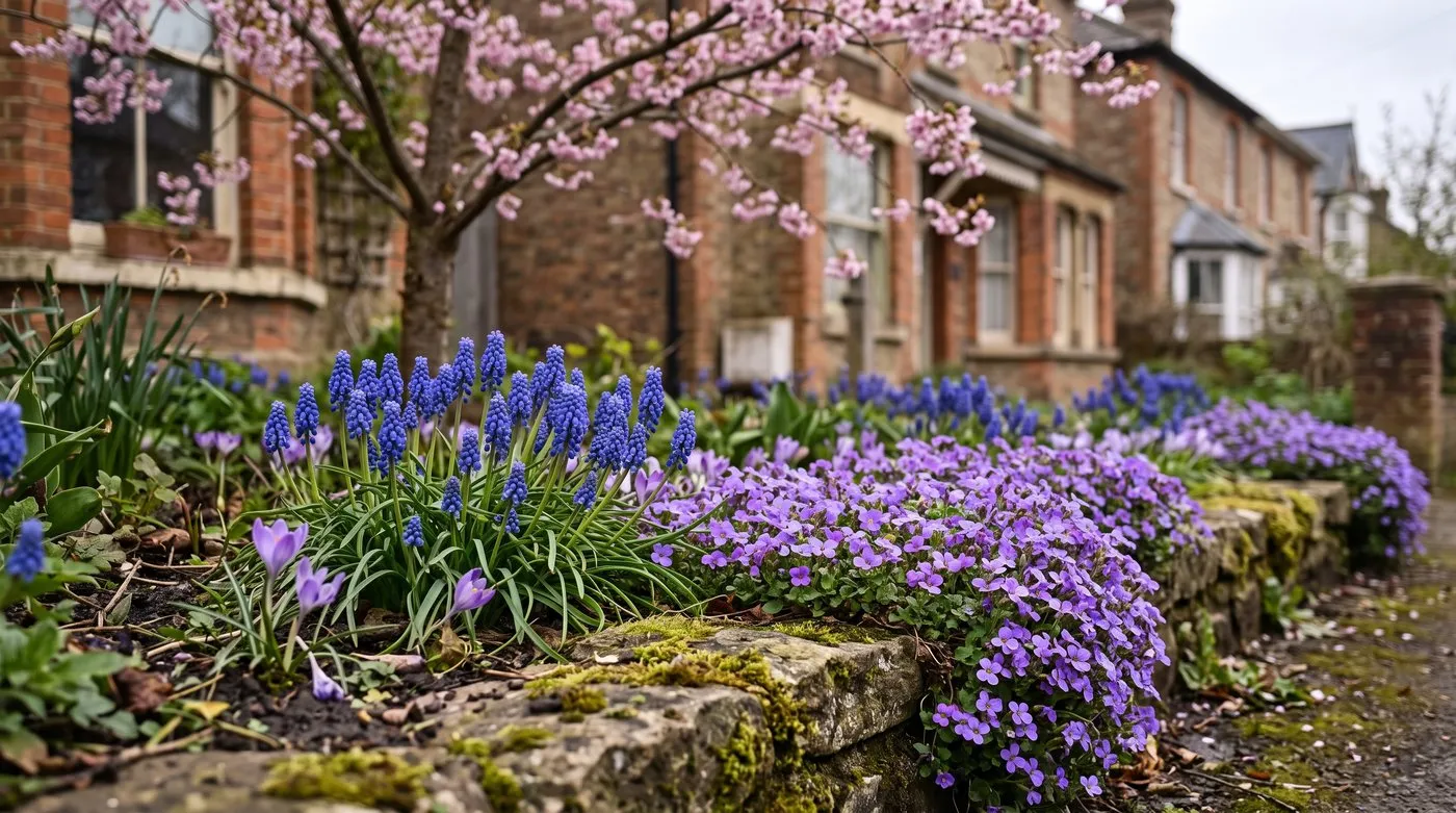 Blue grape hyacinths, purple aubrieta and crocus at the front of a spring border, with pink blossom above
