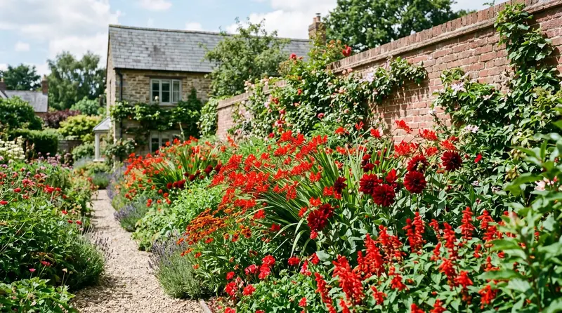 Red crocosmia, dahlias and salvias massed in a UK garden border in full summer sun