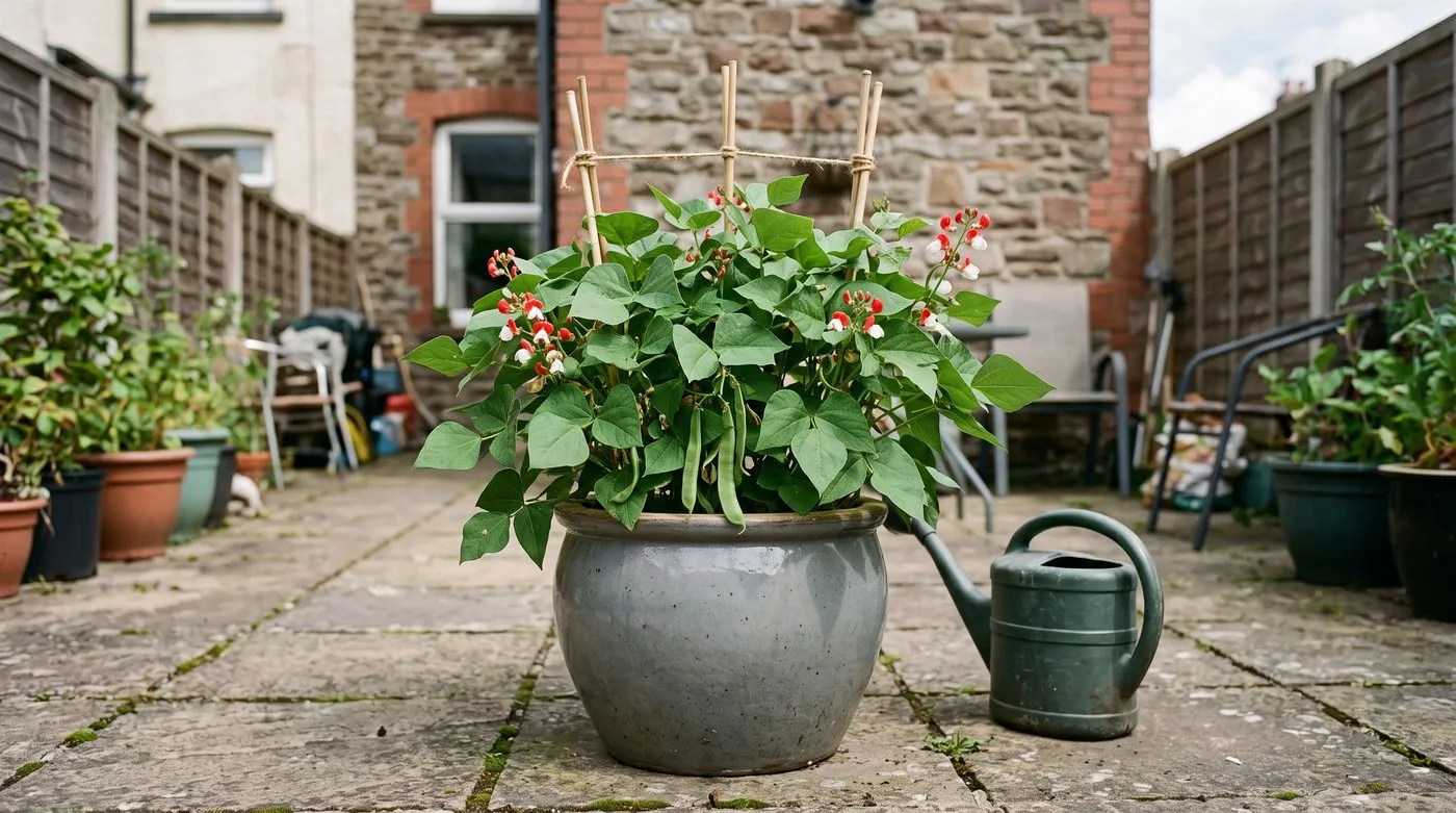 Dwarf runner bean with red and white flowers and short pods growing in a large pot on a patio