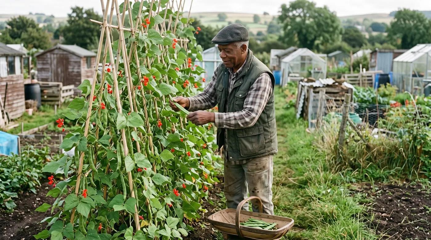 Man picking flat green runner bean pods into a trug from a tall cane row on an allotment