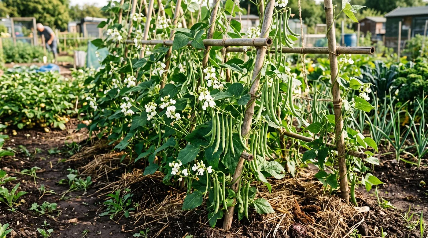 White-flowered Moonlight runner beans carrying many straight young pods on a bamboo frame