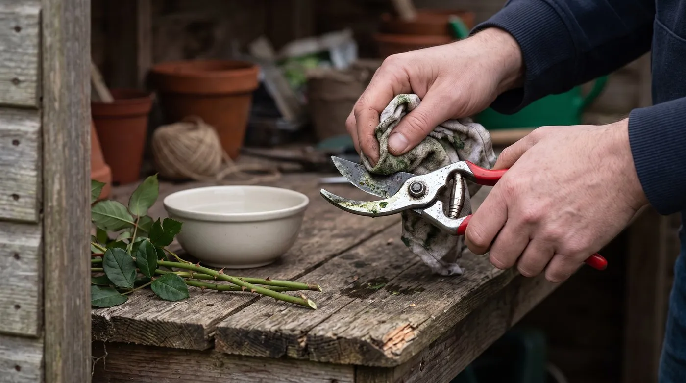 Wiping dried sap off bypass secateur blades with a damp cloth after pruning