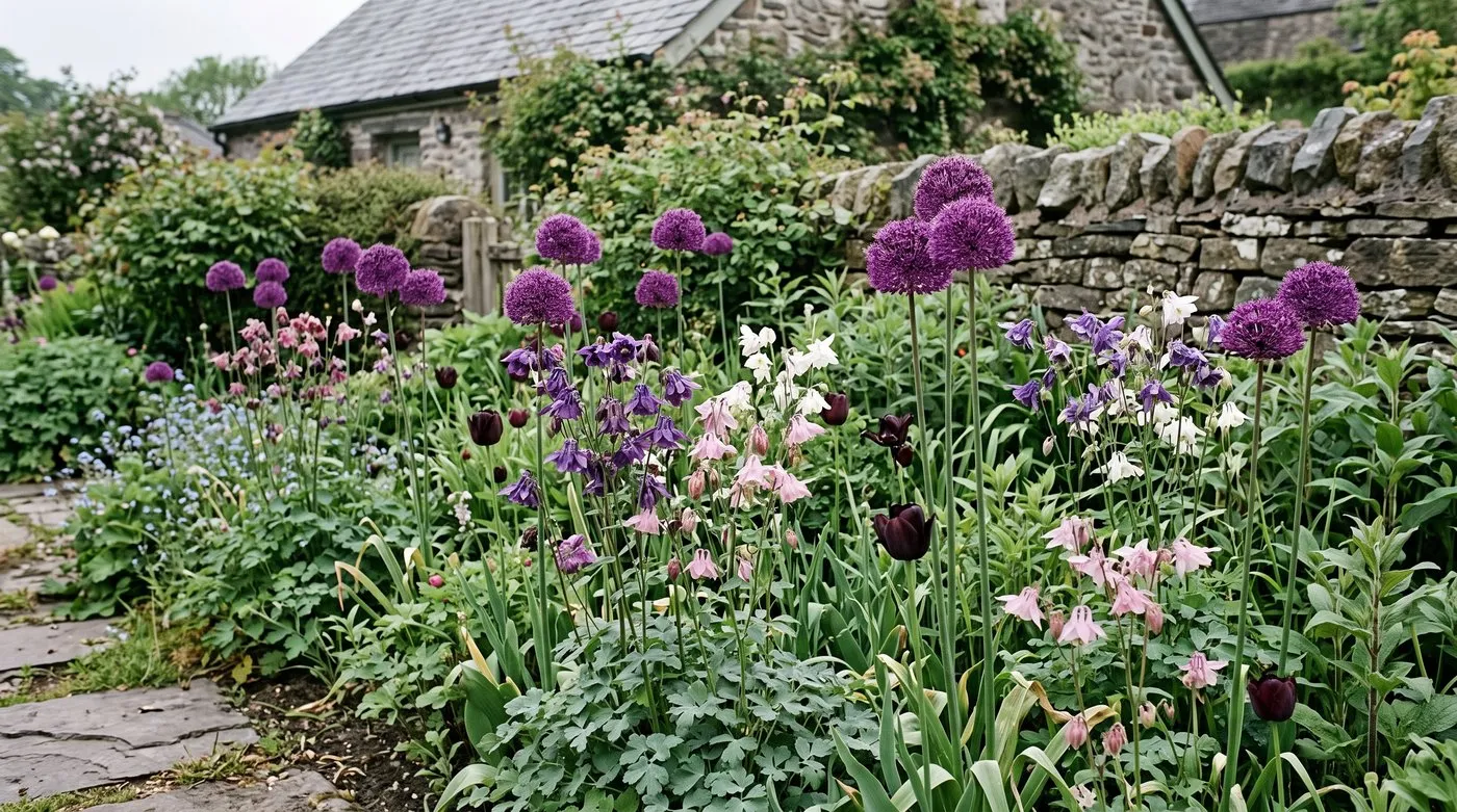 Purple Allium Purple Sensation heads rising among pink and purple aquilegias in a late May border