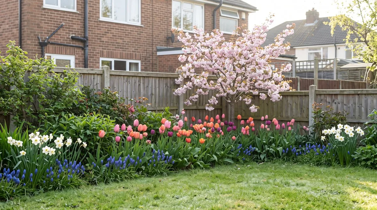 April spring border with tulips, blue muscari and white daffodils under a flowering cherry tree in a back garden