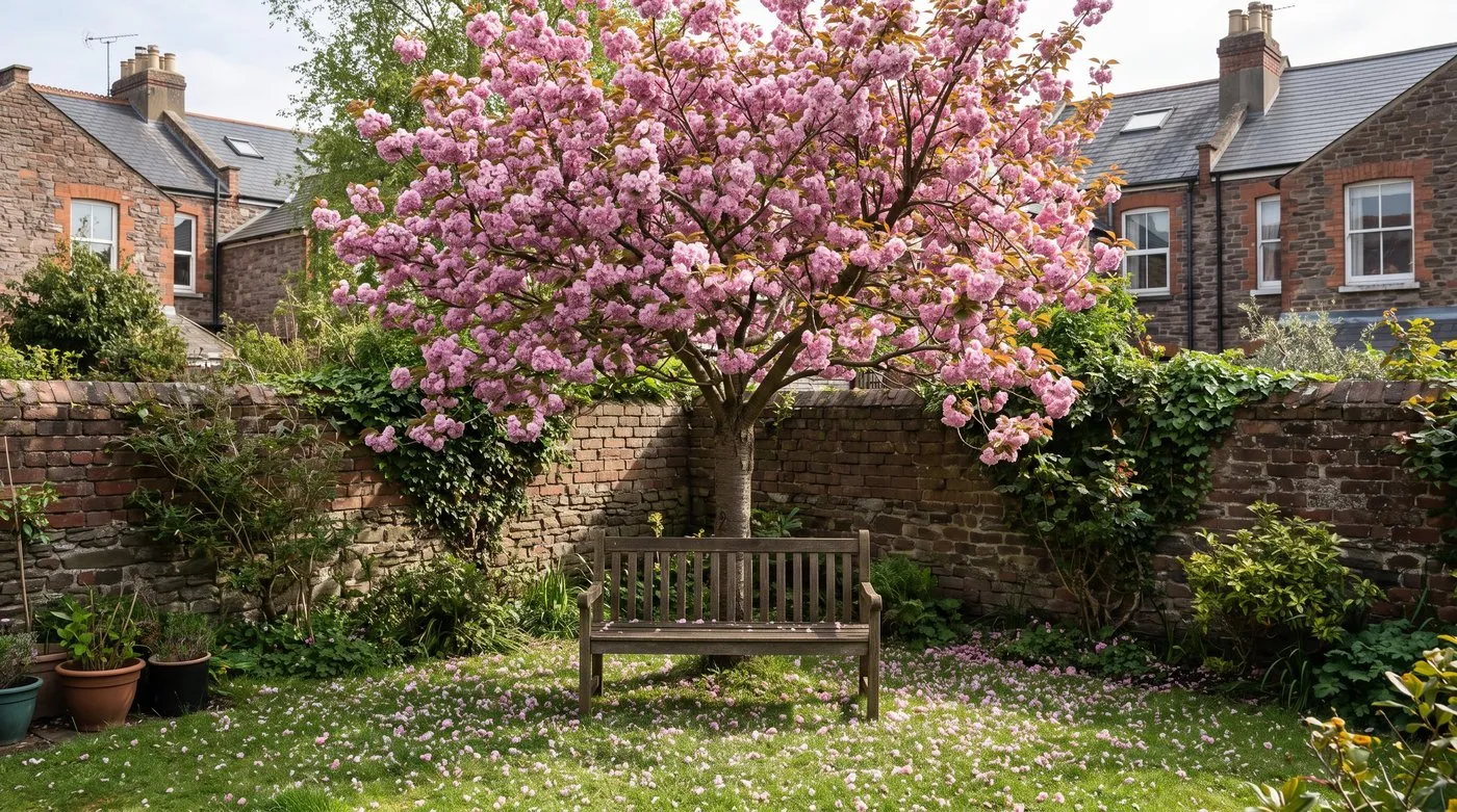 Flowering cherry Kanzan covered in double deep-pink blossom above a bench in a city back garden