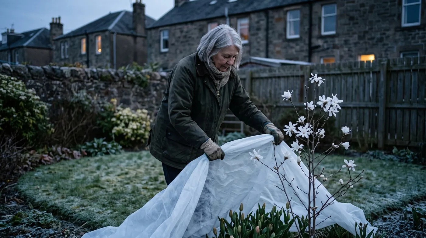 Gardener in gloves draping fleece over budding tulips and a small star magnolia on a frosty evening