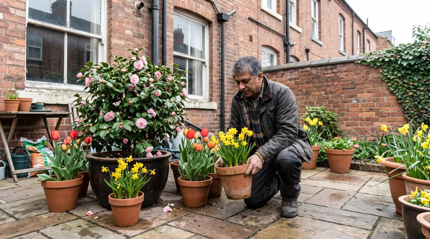 Man arranging pots of tulips and dwarf daffodils beside a pink camellia in a tub on a small patio