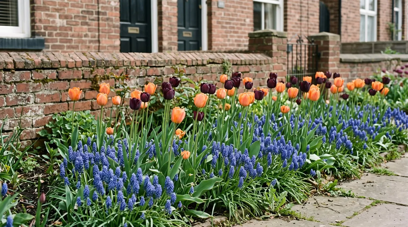 Orange and purple tulips rising above blue muscari in a sunny April front garden border