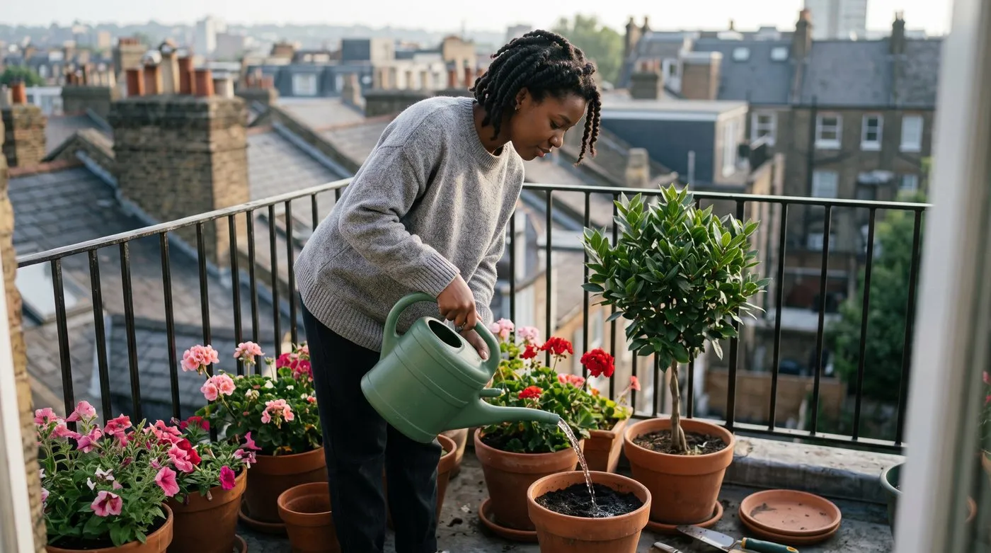 Woman watering pots on a city balcony in early morning, pouring onto the compost rather than the leaves