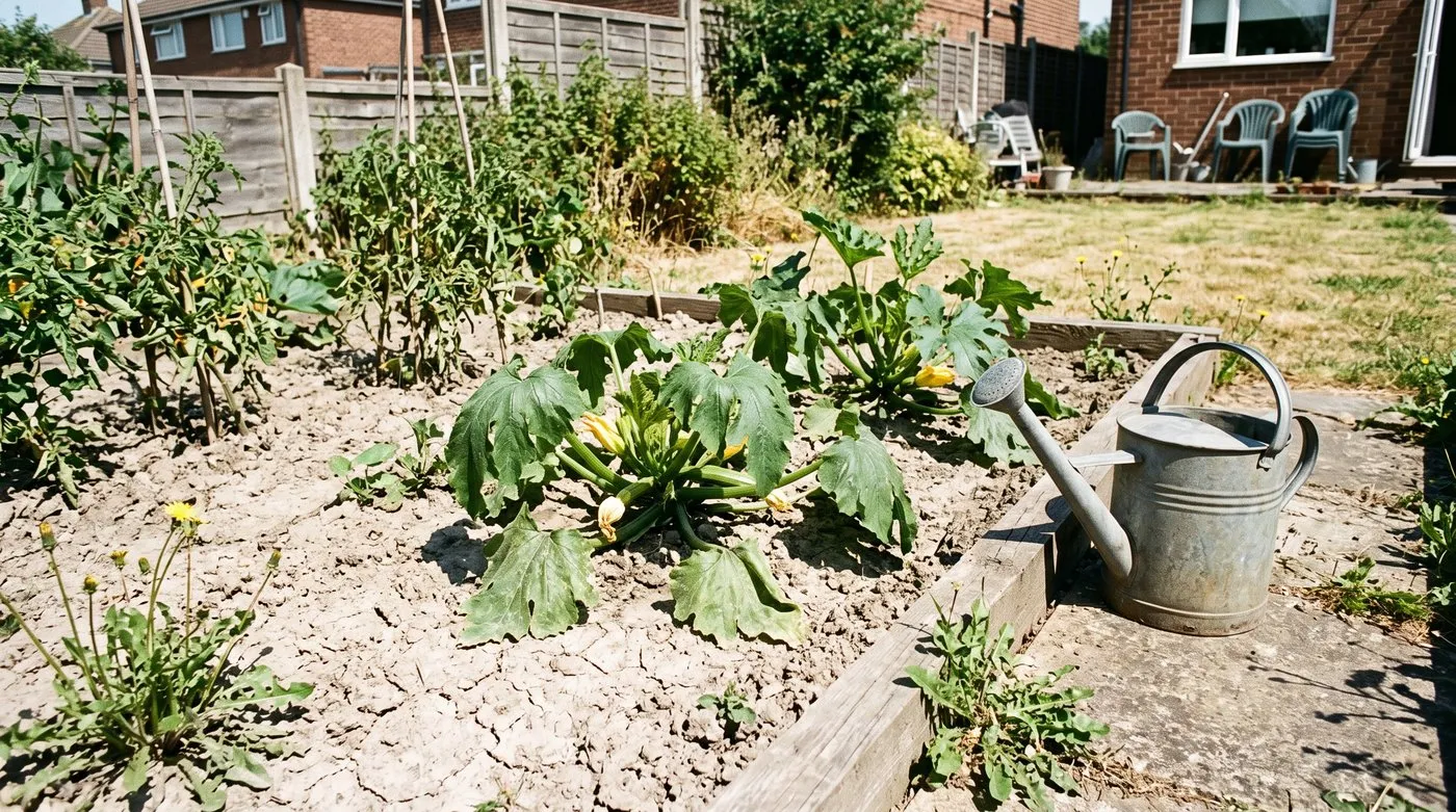 Dry cracked soil around drooping courgette plants in a UK vegetable bed under midday summer sun