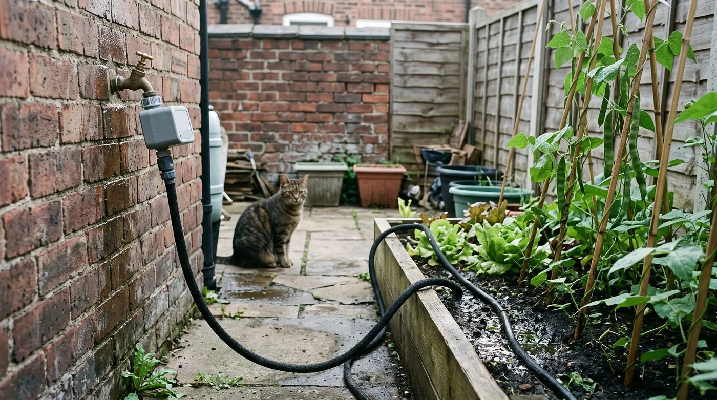 Tap timer on a brick wall feeding a seep hose along a raised vegetable bed at dawn, with a cat on the path