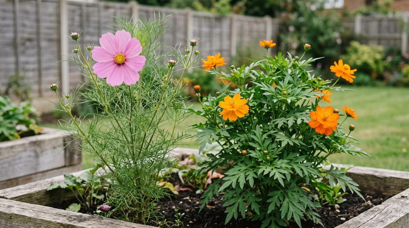 Pink Cosmos bipinnatus with feathery leaves beside orange Cosmos sulphureus with broader toothed leaves