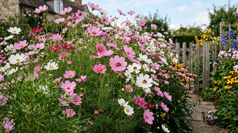A UK cottage garden border in late August showing tall pink and white Sensation cosmos flowering en masse with bee activity