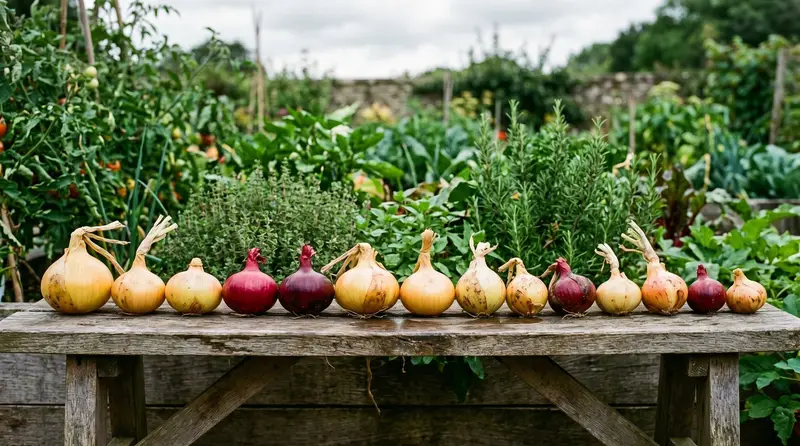 Best UK onion varieties laid out in a comparison row showing Sturon, Red Baron