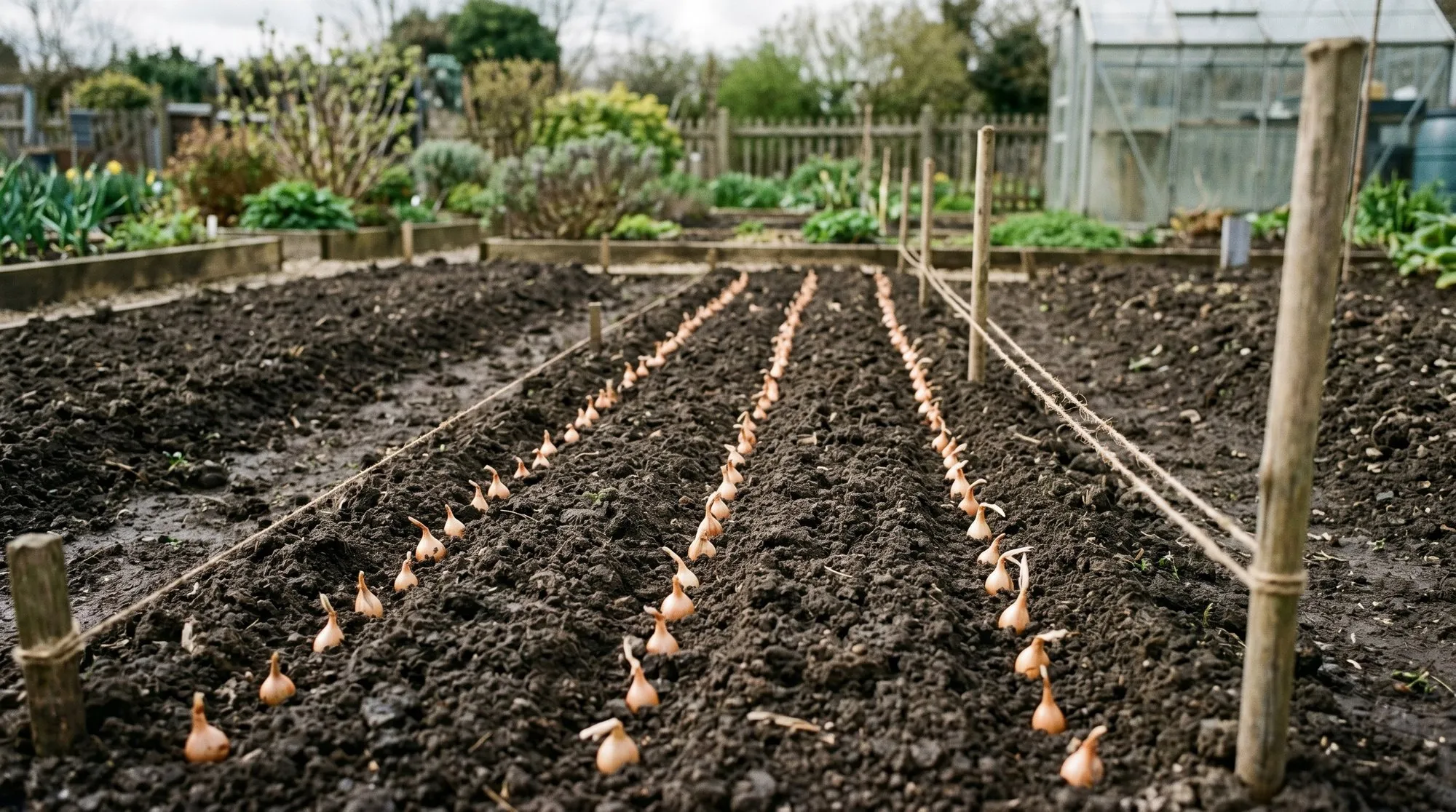 Newly planted onion set bed in a UK garden with sets at 10cm spacing in straight rows on prepared dark soil