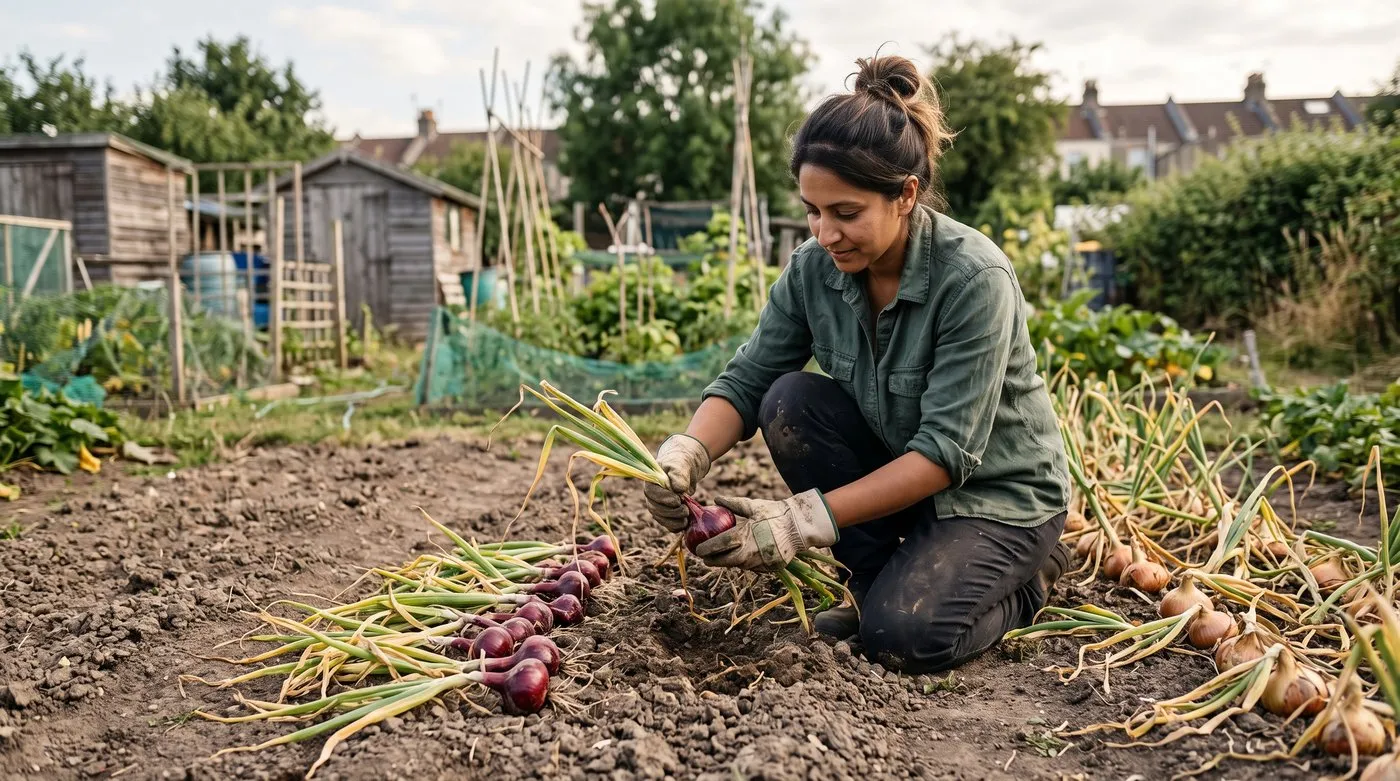 Woman lifting red onions with flopped yellow tops from an allotment row, others laid out to dry