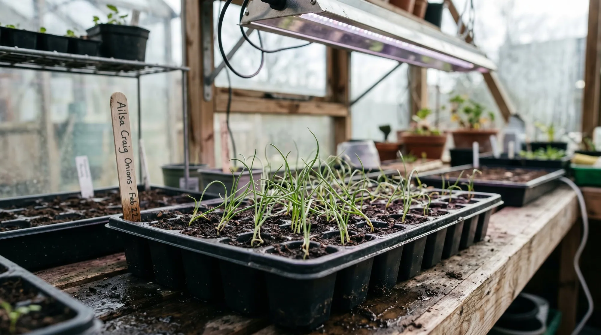 Allium sativum and onion seedlings in a UK greenhouse tray under grow lights ready for transplanting in spring