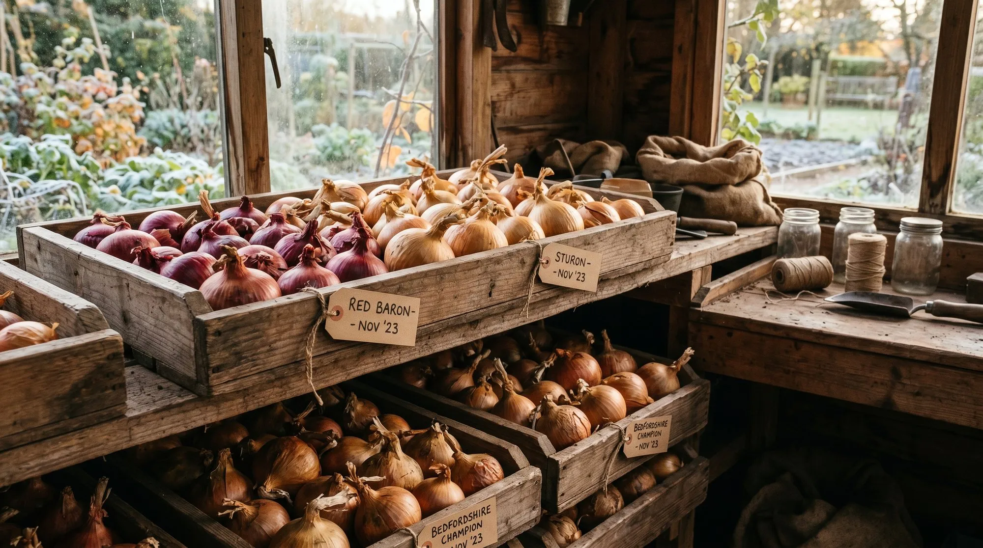 UK onion bulbs in shed storage on wooden trays showing dry skins and labelled variety markers