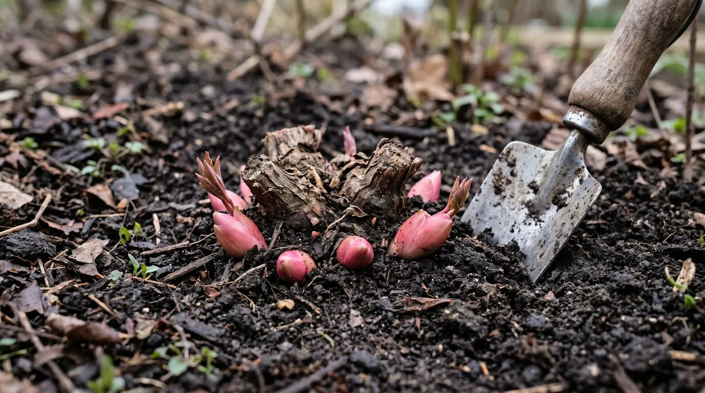 Peony crown showing the pink-tipped eyes that must sit no deeper than 25mm below soil surface