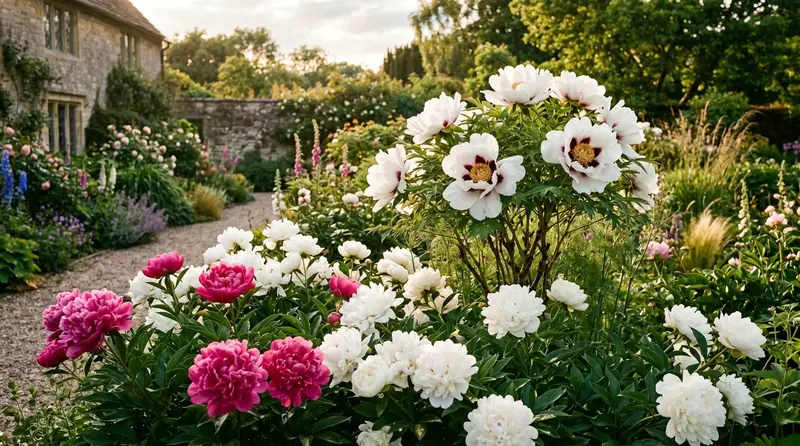 Mixed UK peony border with herbaceous and tree peonies in deep pink white and coral in June