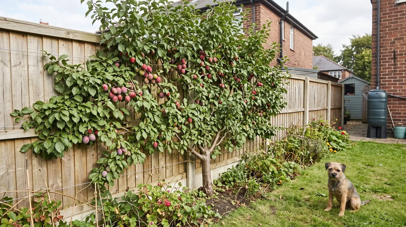 Fan-trained plum tree with ripening fruit tied flat against a sunny fence in a small back garden