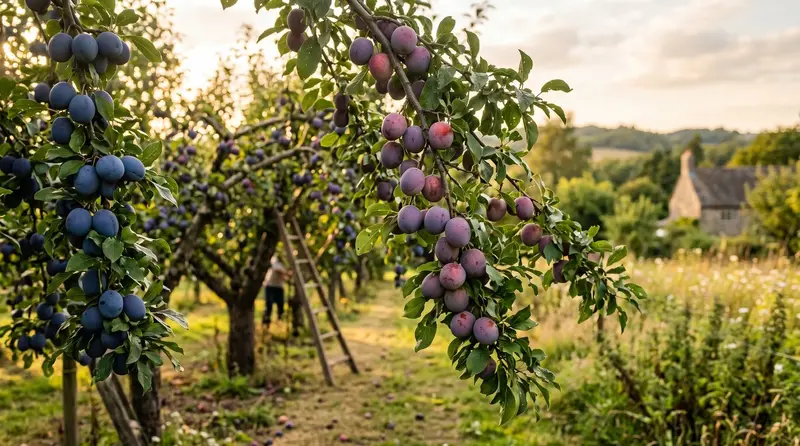 Best UK plum tree varieties showing Victoria, Marjorie's Seedling and Czar plums ripening on mature trees in a Staffordshire