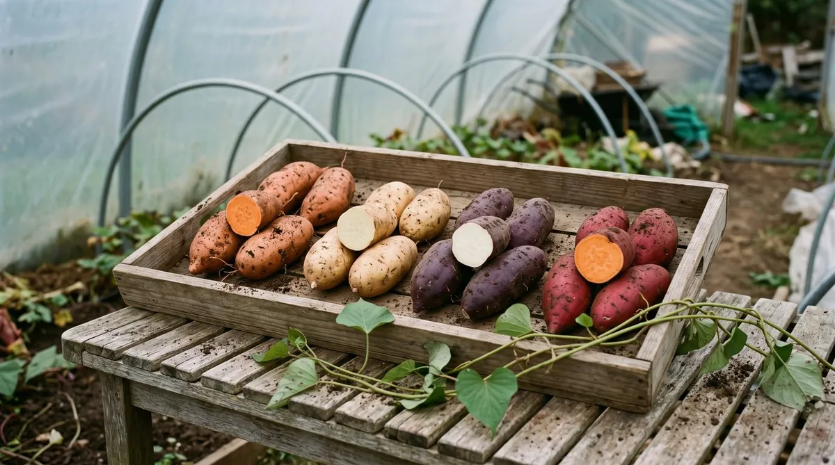 Sweet potato varieties with orange, cream and white flesh halved on a wooden tray in a polytunnel