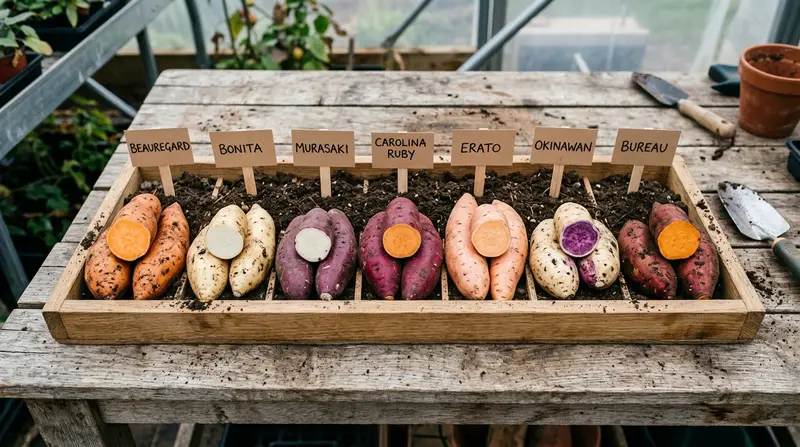 Best UK sweet potato varieties harvest tray showing orange Beauregard cream Bonita and purple Murasaki tubers